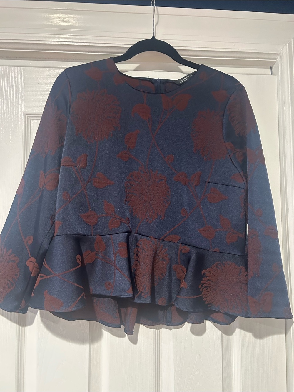 Zara Navy Blue Peplum Floral Jacquard Top with Brown Floral Motif